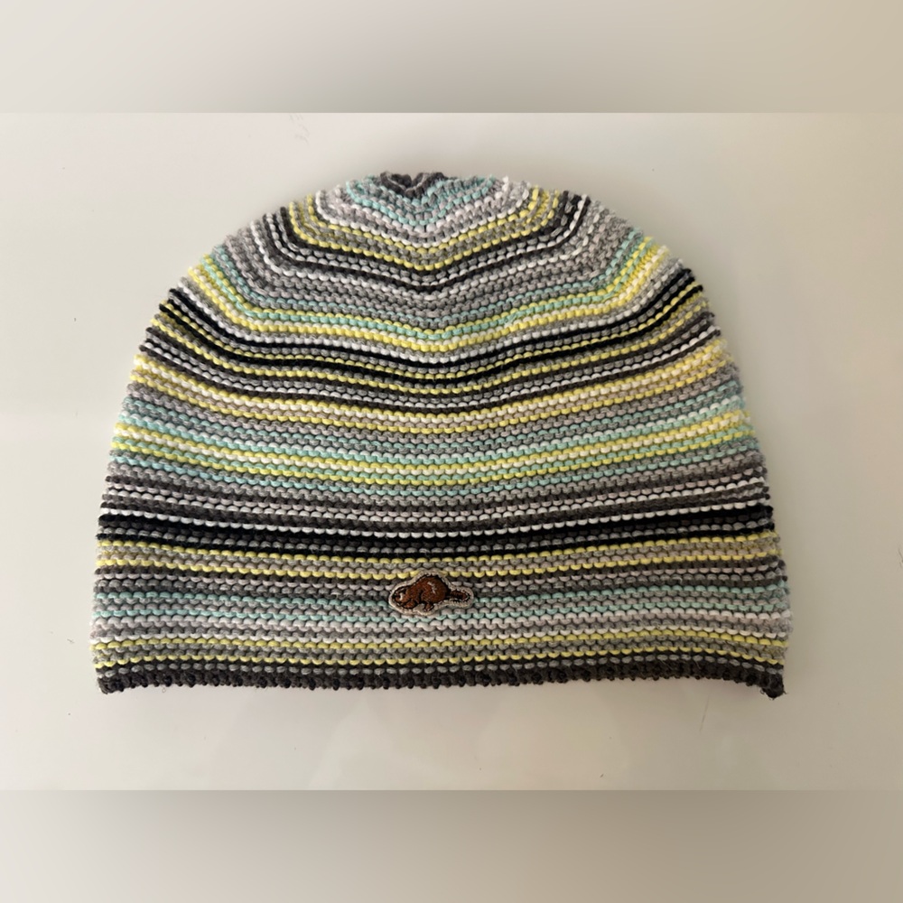 Y2K Vintage Roots 100% Cotton Multicoloured Striped Knit Beanie Hat Toque Beaver